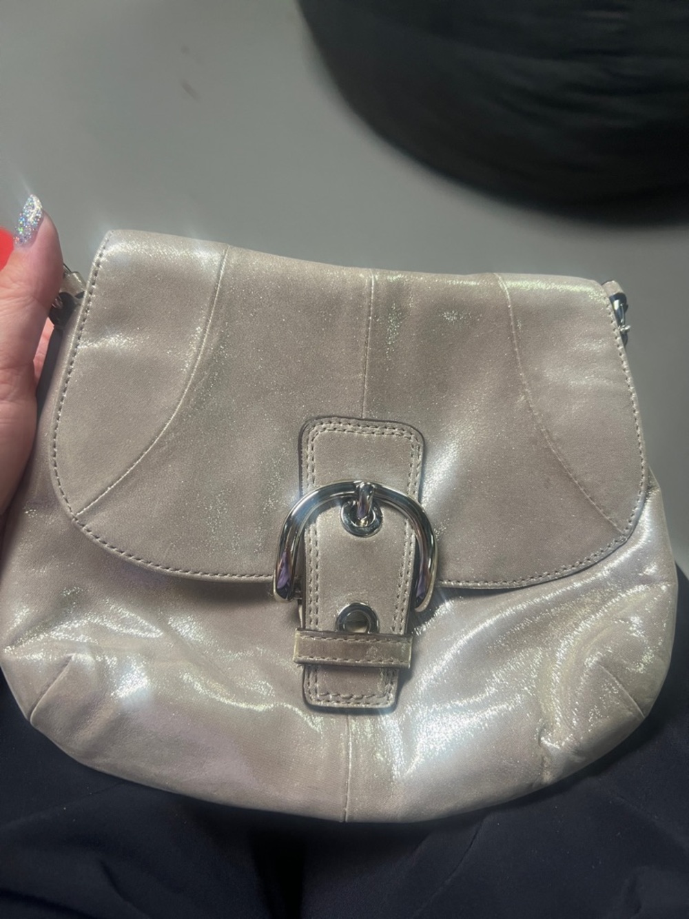Coach Shimmer Taupe Leather Crossbody Bag with Signature Buckle & hangtag